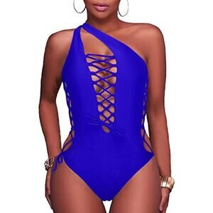 NWT Holipick One Shoulder Monokini Royal Blue Lace-Up Swimsuit Women’s L